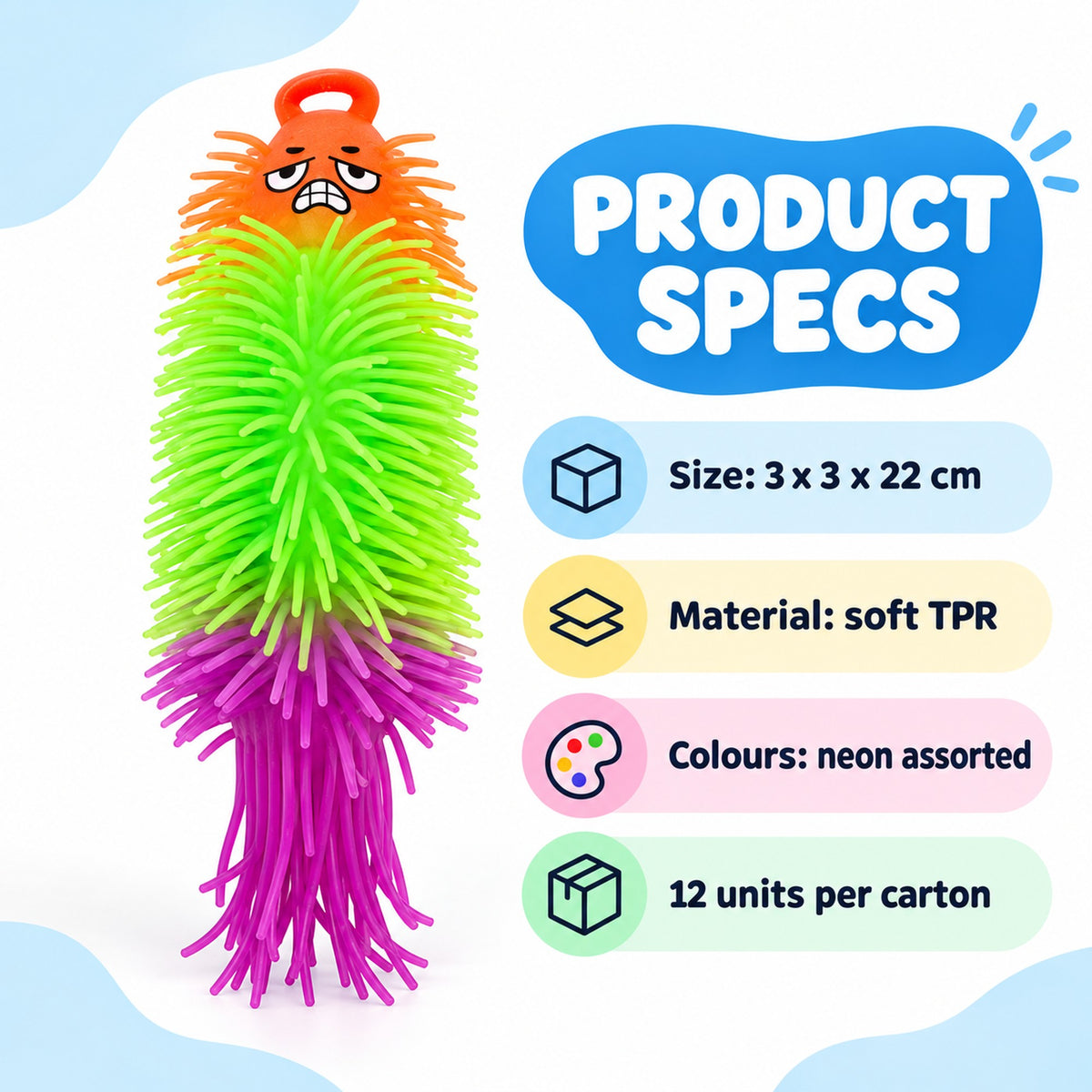 Stretchy puffer toy specifications: 3 x 3 x 22cm, soft TPR, neon assorted, 12 units per carton