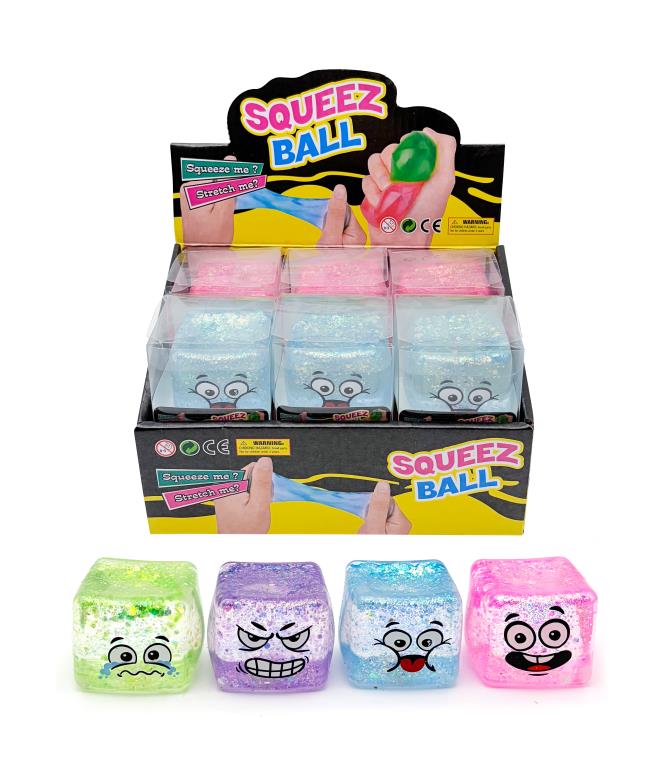 Clear glitter water-bead squishy cube smiley face cartoon TPR squeeze toy 4 assorted colours