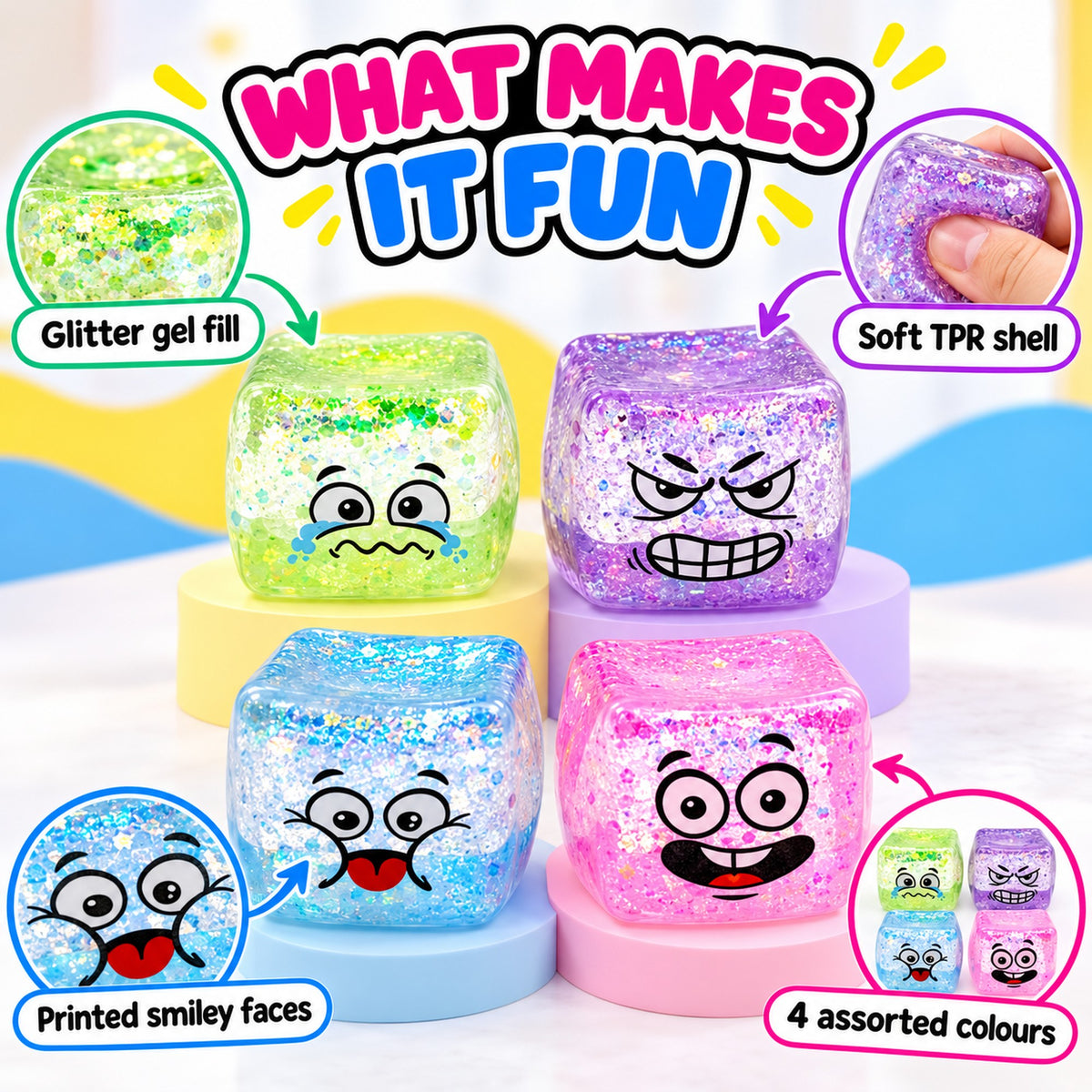 Squishy cube features: glitter gel fill, soft TPR shell, printed smiley faces, 4 colours