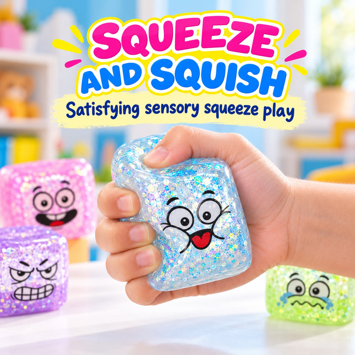 Hand squeezing a glitter squishy cube for satisfying sensory squeeze play