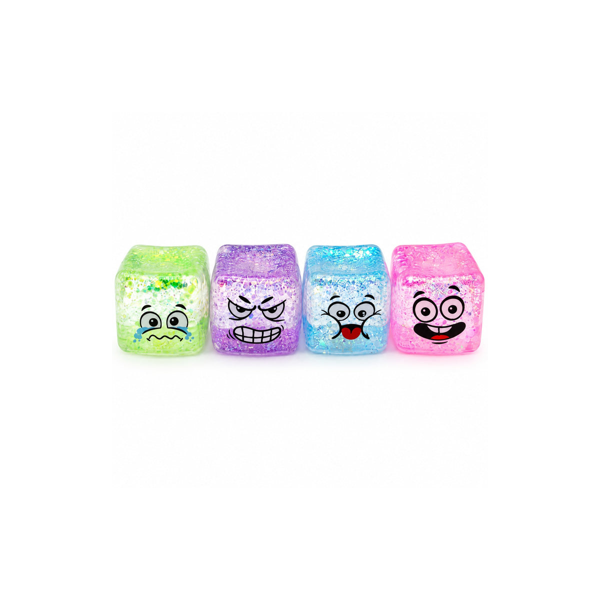 Glitter squishy cube set in 4 assorted colours with printed smiley faces, on white