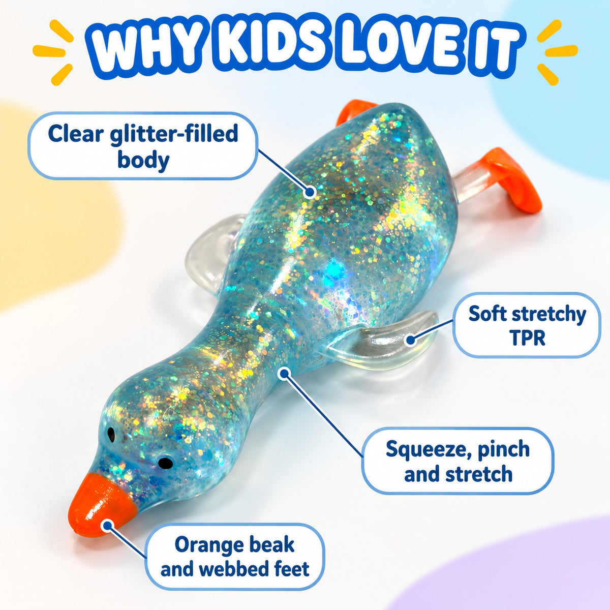 Squishy duck features: clear glitter-filled TPR body, orange beak and webbed feet, squeeze pinch and stretch