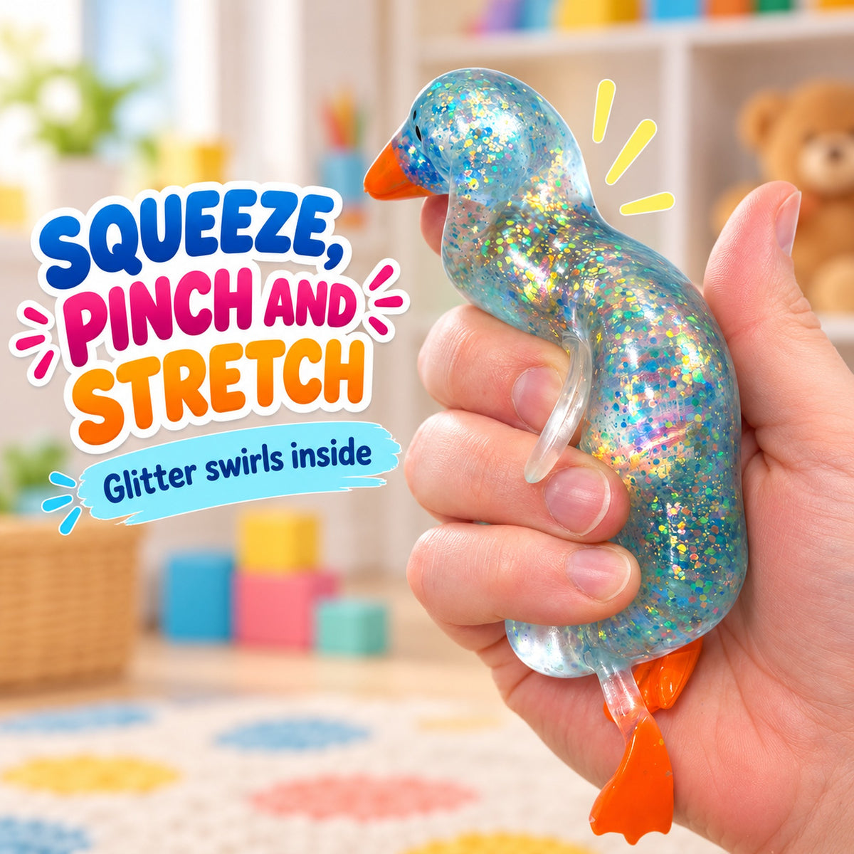 Hand squeezing a clear glitter-filled squishy duck so the glitter swirls and the soft body stretches