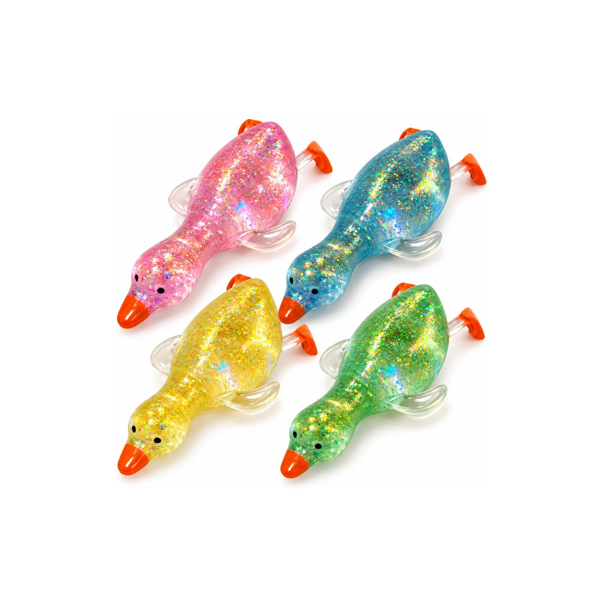 Glitter-filled squishy duck toys in 4 assorted colours, pink, blue, yellow and green, on a white background