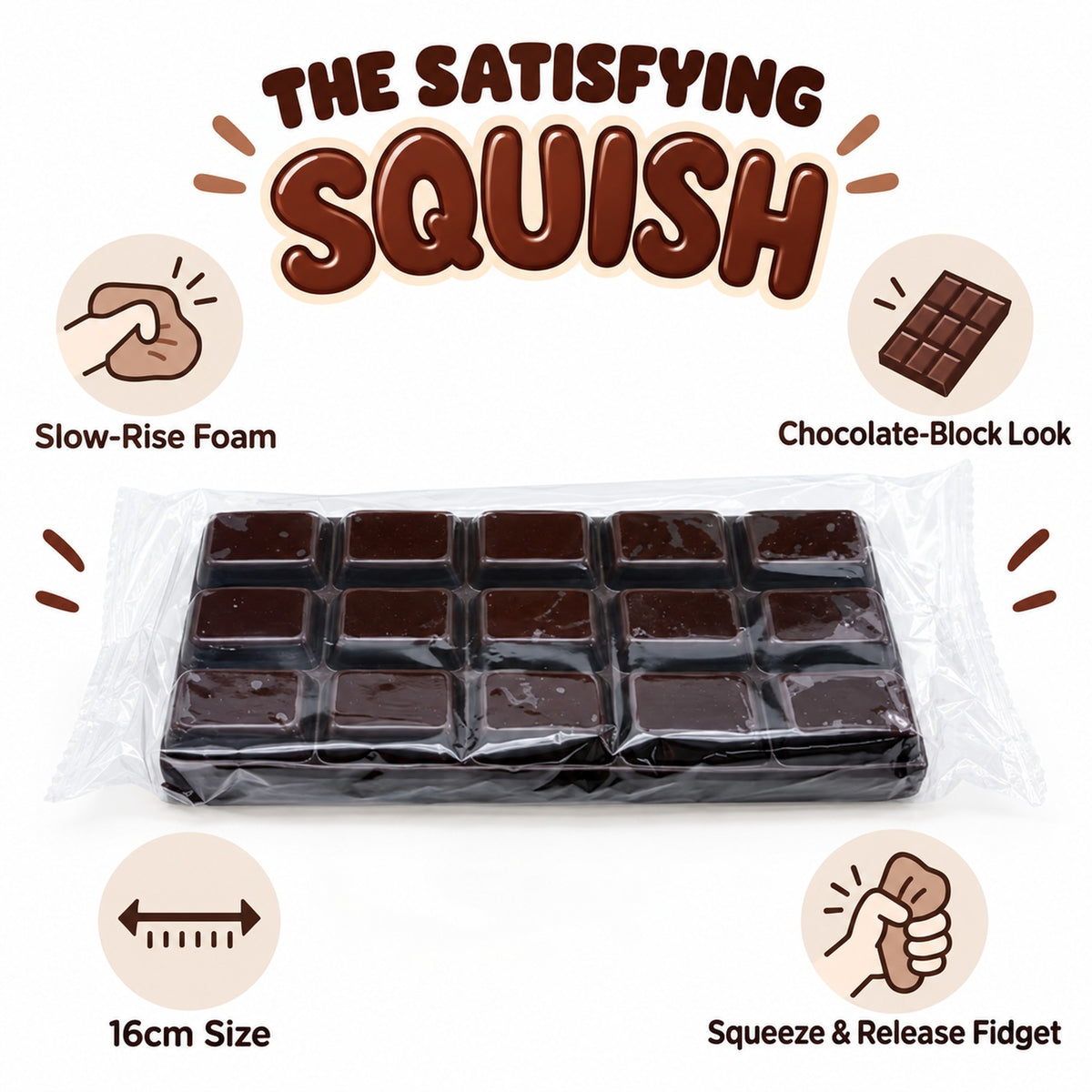 Chocolate squishy toy features: slow-rise foam, chocolate-block look, 16cm, squeeze fidget
