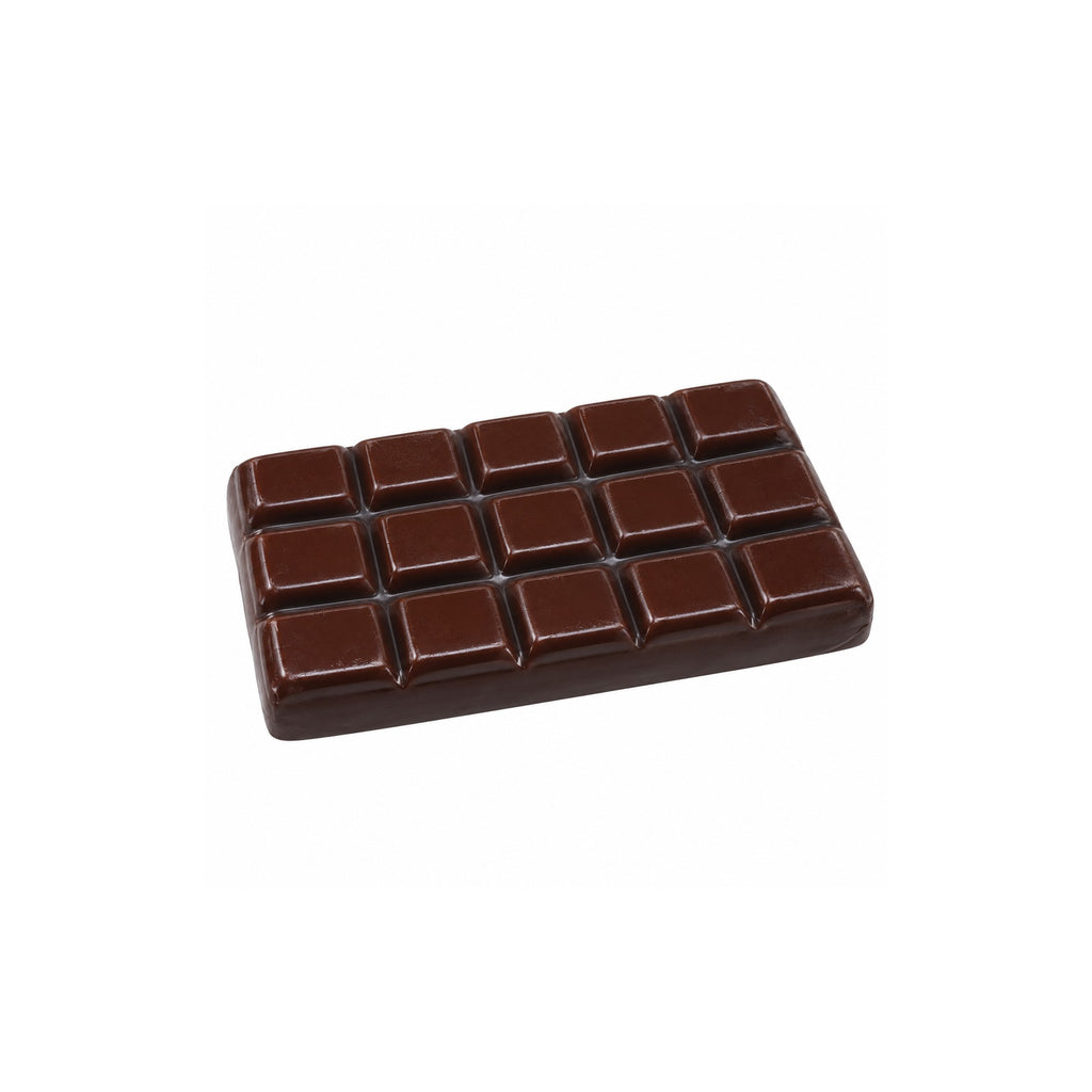Squishy chocolate block novelty toy, brown segmented design, on a white background
