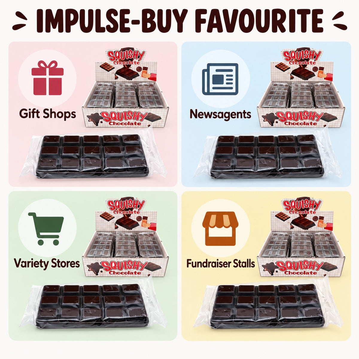Chocolate squishy toy for gift shops, newsagents, variety stores and fundraiser stalls