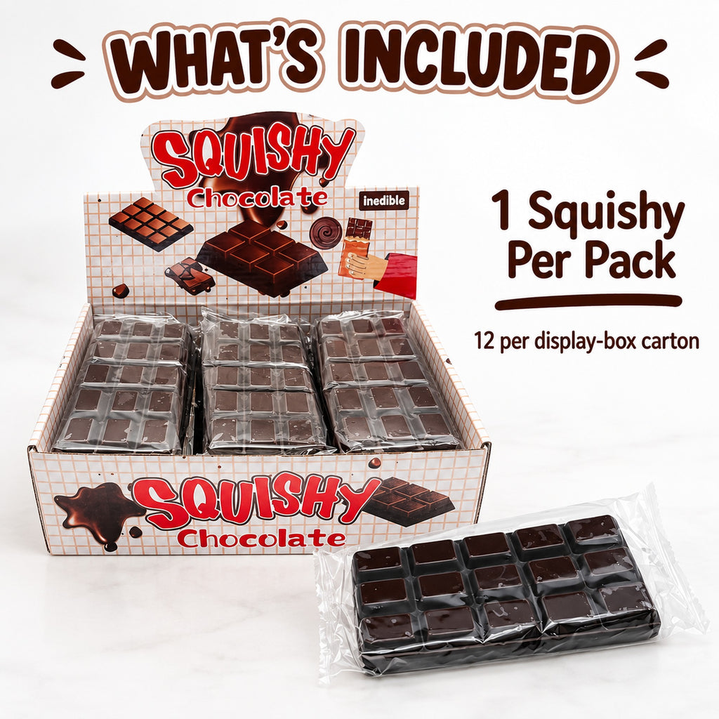 One squishy chocolate block per pack, 12 per display-box carton