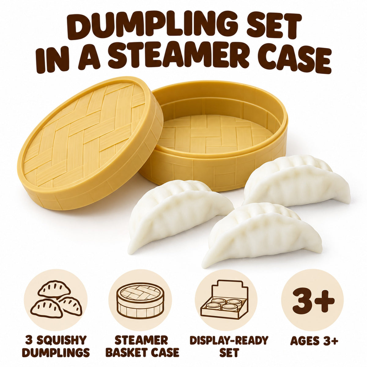 Squishy dumpling set features: 3 dumplings, steamer basket case, display-ready, ages 3+