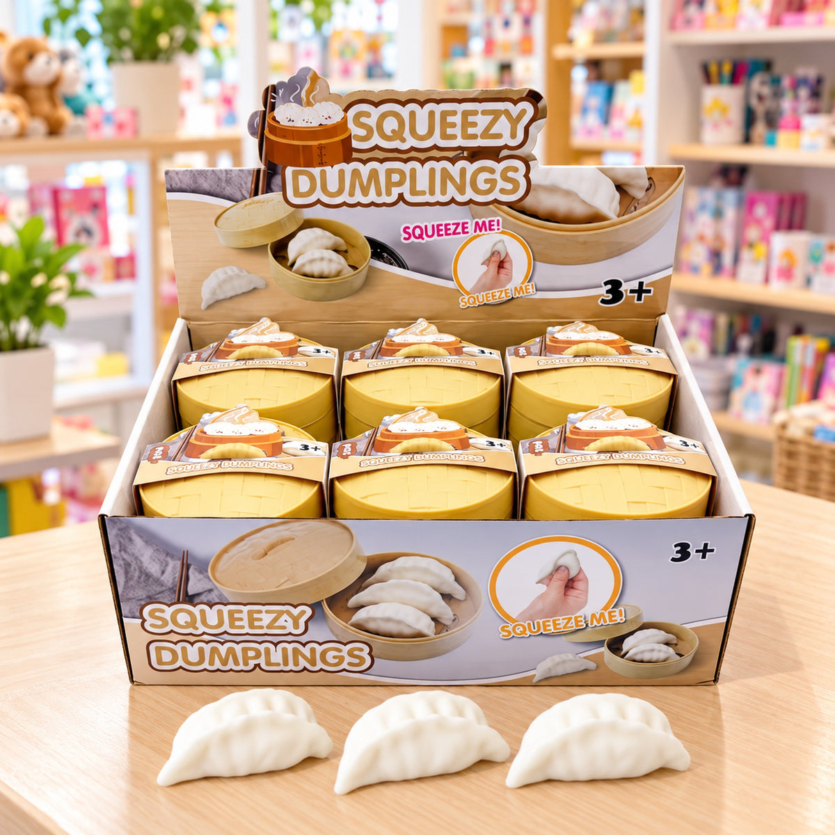 Squeezy Dumplings counter display box of squishy dumpling sets in a gift shop