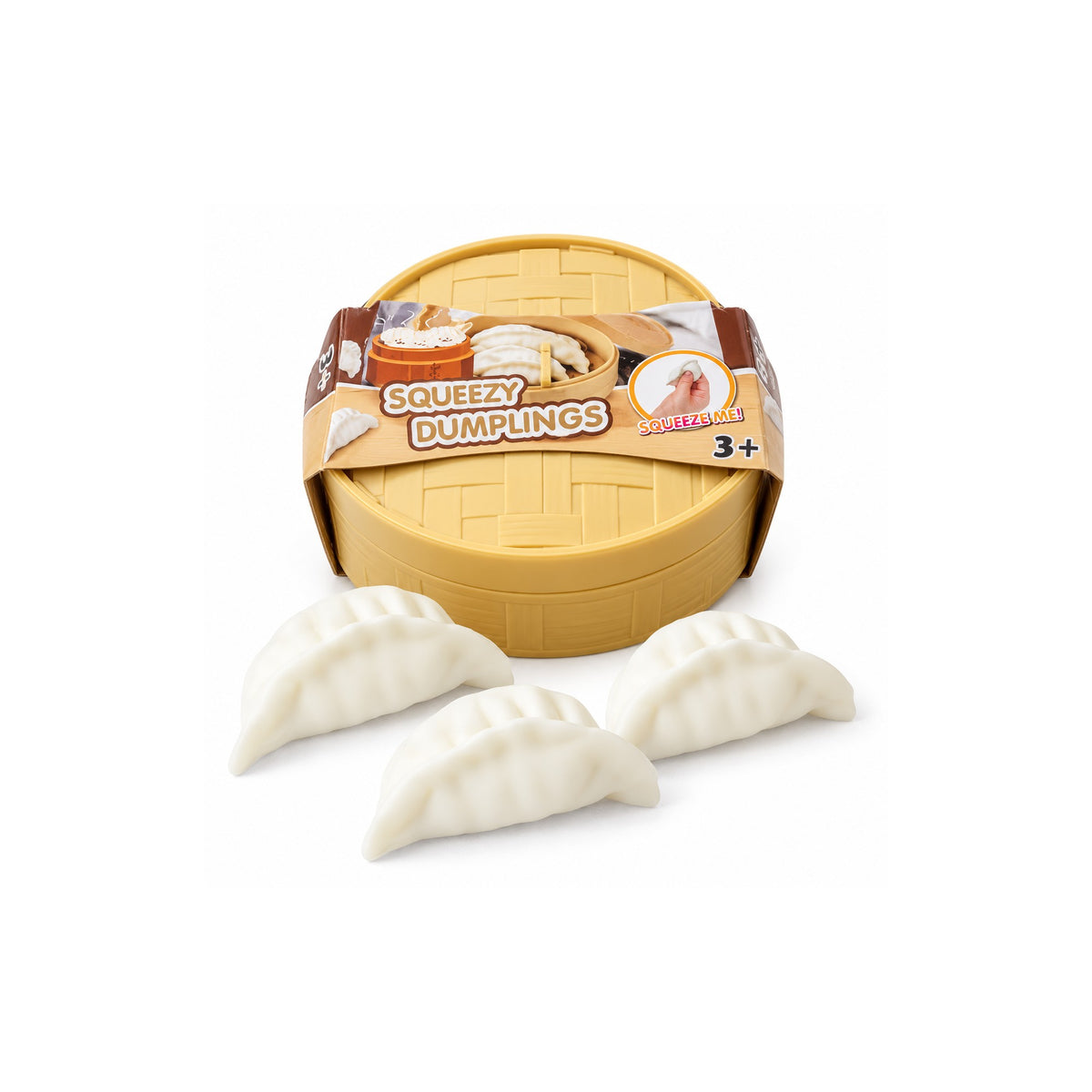 Squishy dumpling toy set - three white dumplings and a steamer basket case on a white background