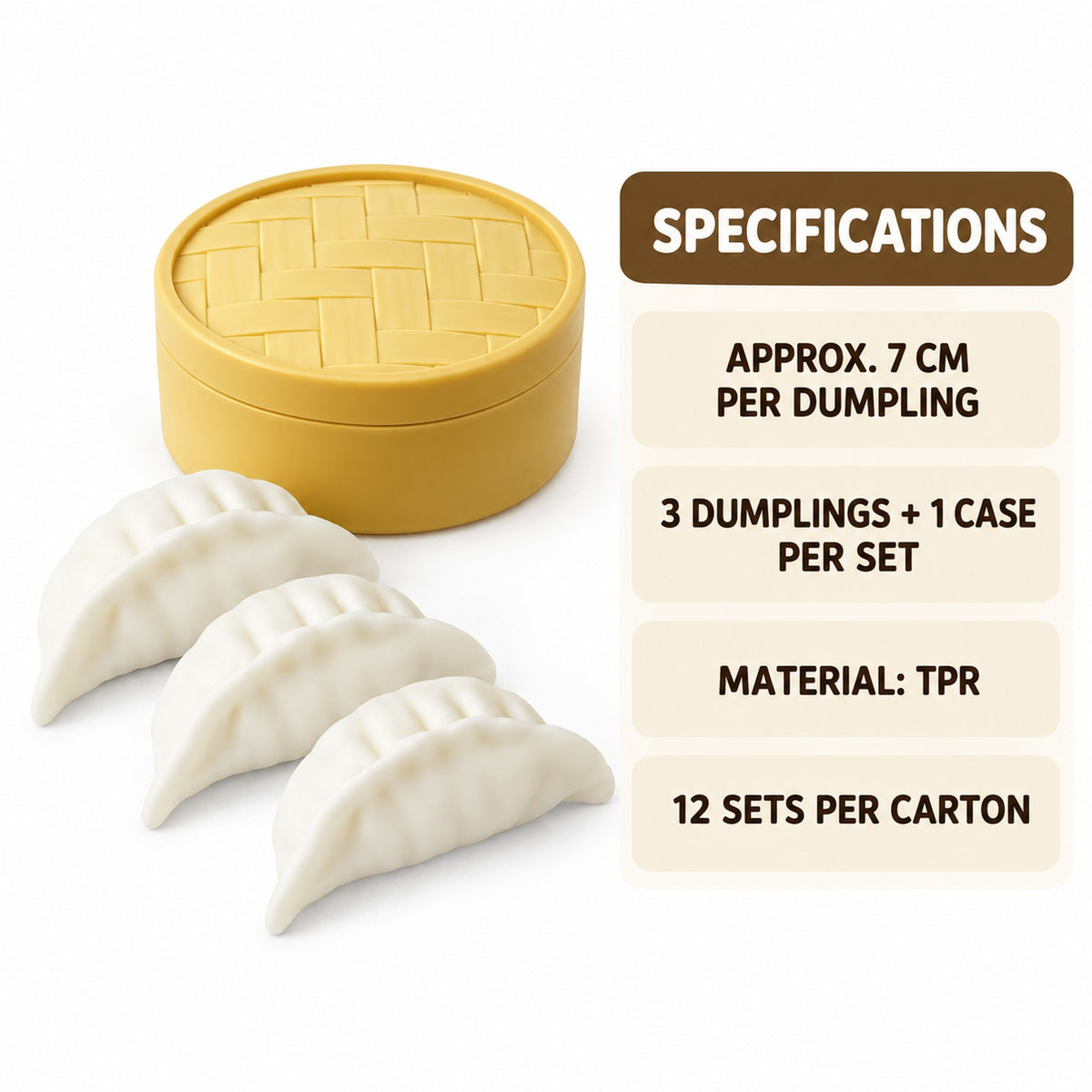Squishy dumpling toy specs: approx 7cm per dumpling, TPR, 3 dumplings + case, 12 sets per carton
