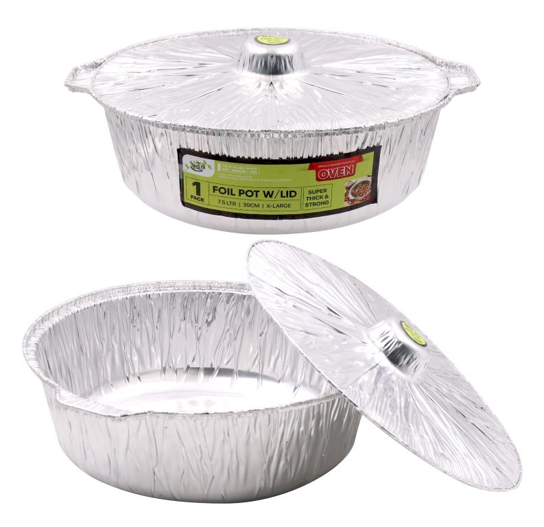 Extra Large (7.6LTR) Foil Pot W/Lid- 39CM DIameter x 11.5CM High - wholesale bulk packaging | DPack