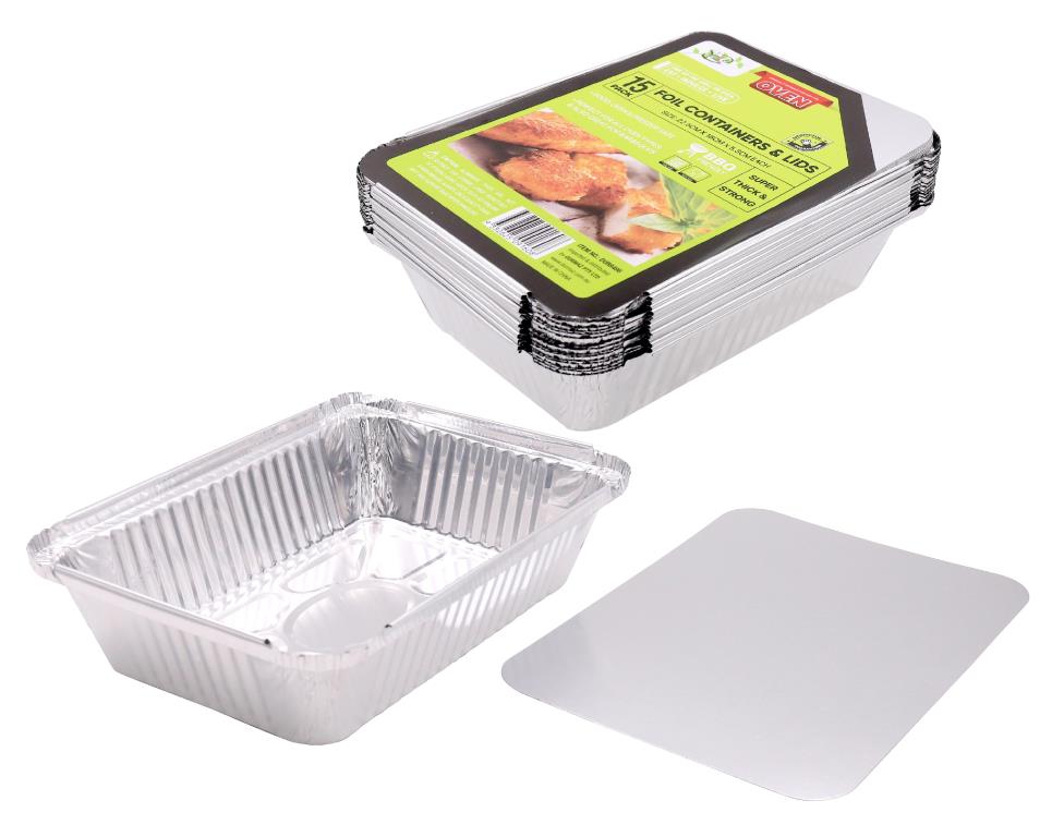15PK Foil Containers W/Lids -  22.5CM x 16CM  x 5.3CM - wholesale bulk packaging | DPack