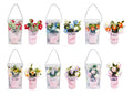 Hand-crocheted mixed flower pot with daisies and blossoms in pink gift box with rope handle, 15x18cm