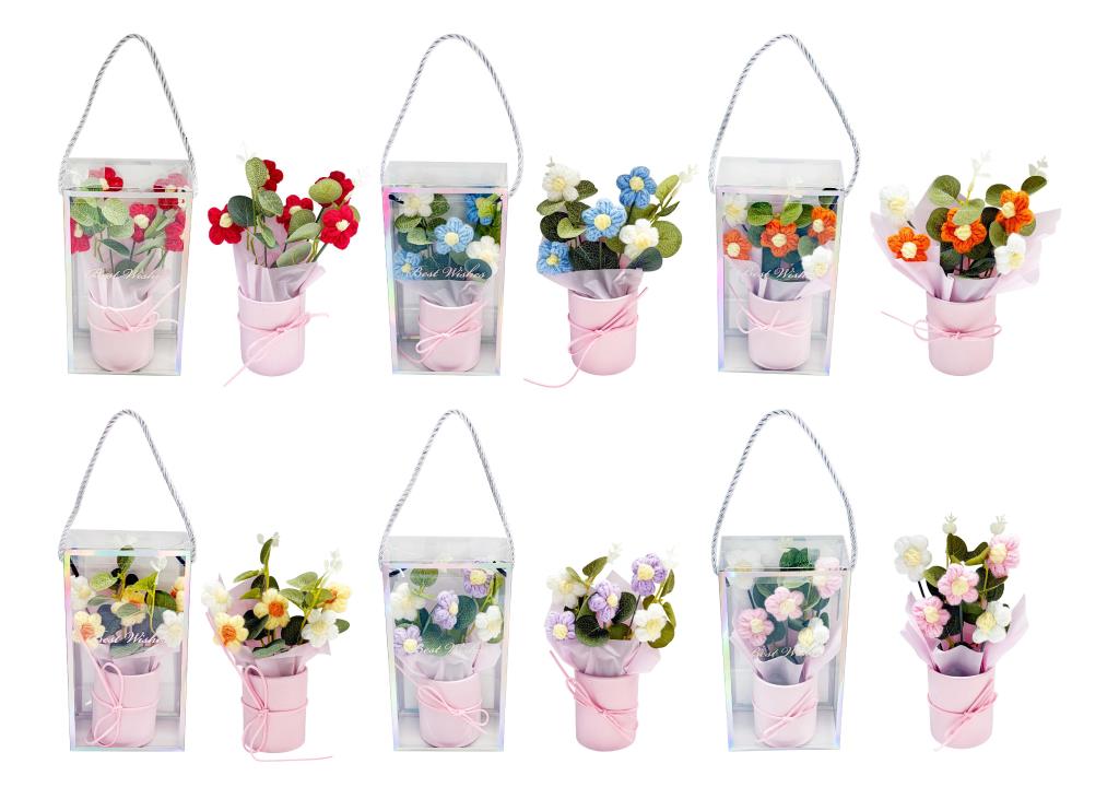 Hand-crocheted mixed flower pot with daisies and blossoms in pink gift box with rope handle, 15x18cm