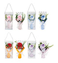 Hand-crocheted rose posy in paper cone with ribbon inside clear gift box, 13x24.5cm, assorted pink blue red purple