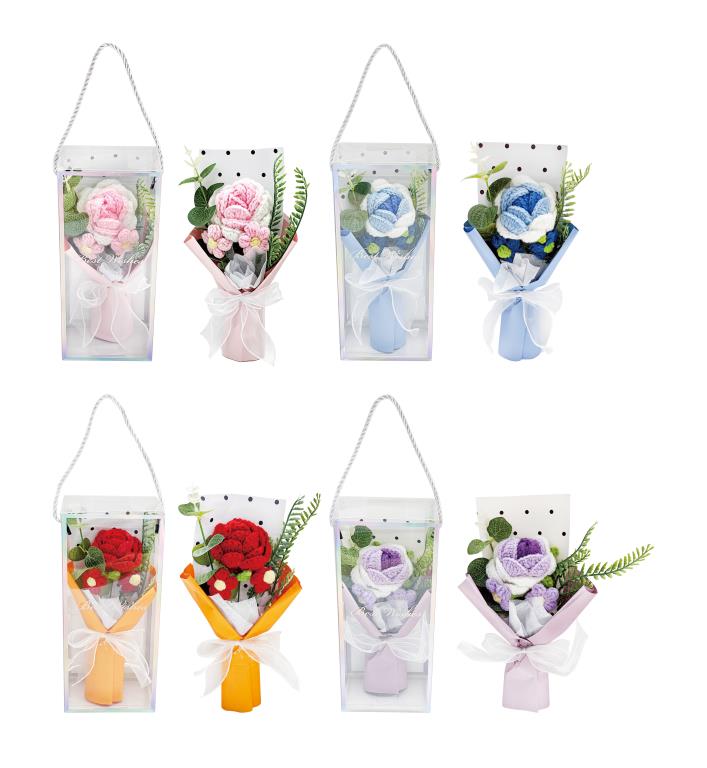 Hand-crocheted rose posy in paper cone with ribbon inside clear gift box, 13x24.5cm, assorted pink blue red purple