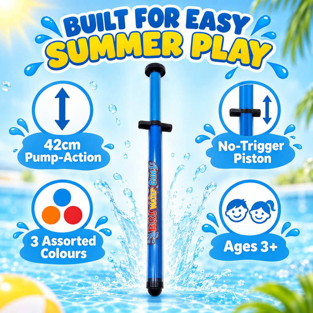 Water gun features: 42cm pump-action, no-trigger piston, 3 assorted colours, ages 3+