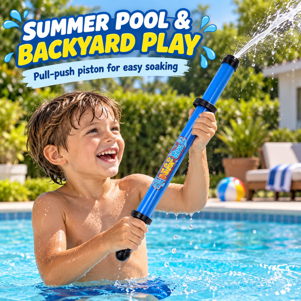 Child using the blue 42cm pump-action water gun for backyard and pool summer play