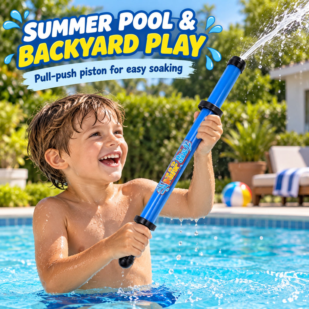 Child using the blue 42cm pump-action water gun for backyard and pool summer play