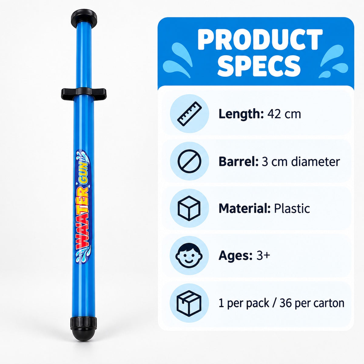Water gun specifications: 42cm length, 3cm barrel, plastic, ages 3+, 1 per pack