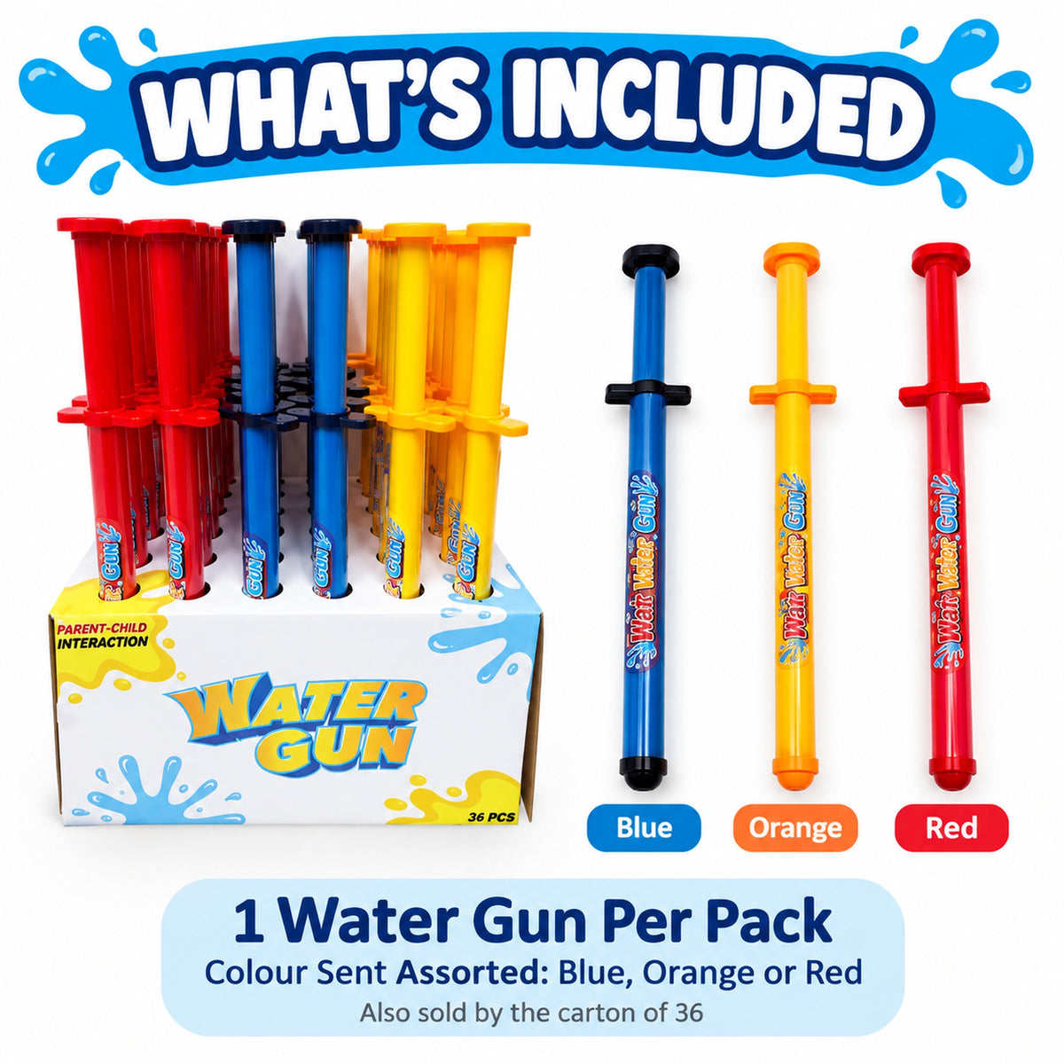 Water gun sold 1 per pack in assorted blue, orange or red; also by the carton of 36
