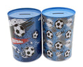 Metal kids money tin in soccer goal theme, 10x15cm coin savings bank, assorted designs per retail pack
