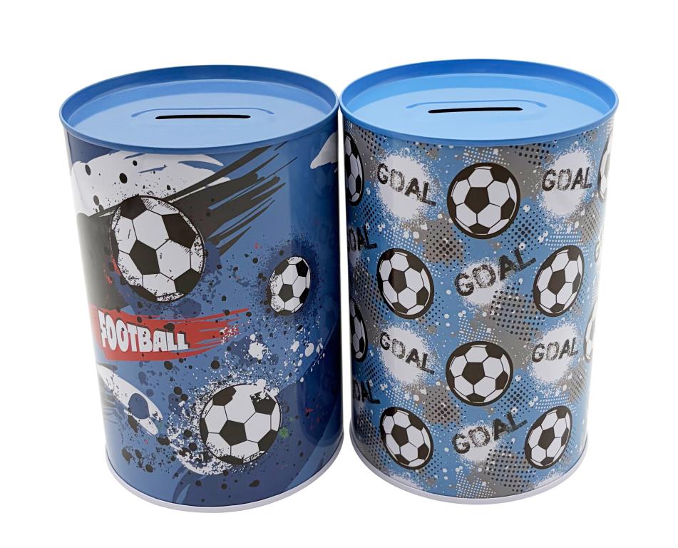 Metal kids money tin in soccer goal theme, 10x15cm coin savings bank, assorted designs per retail pack