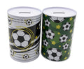 Metal kids money box in soccer ball theme, 10x15cm tin coin savings bank, assorted per retail pack