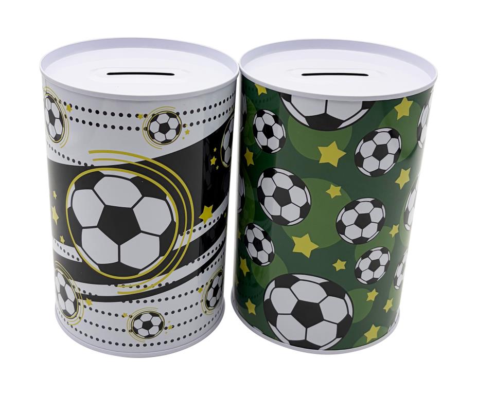 Metal kids money box in soccer ball theme, 10x15cm tin coin savings bank, assorted per retail pack