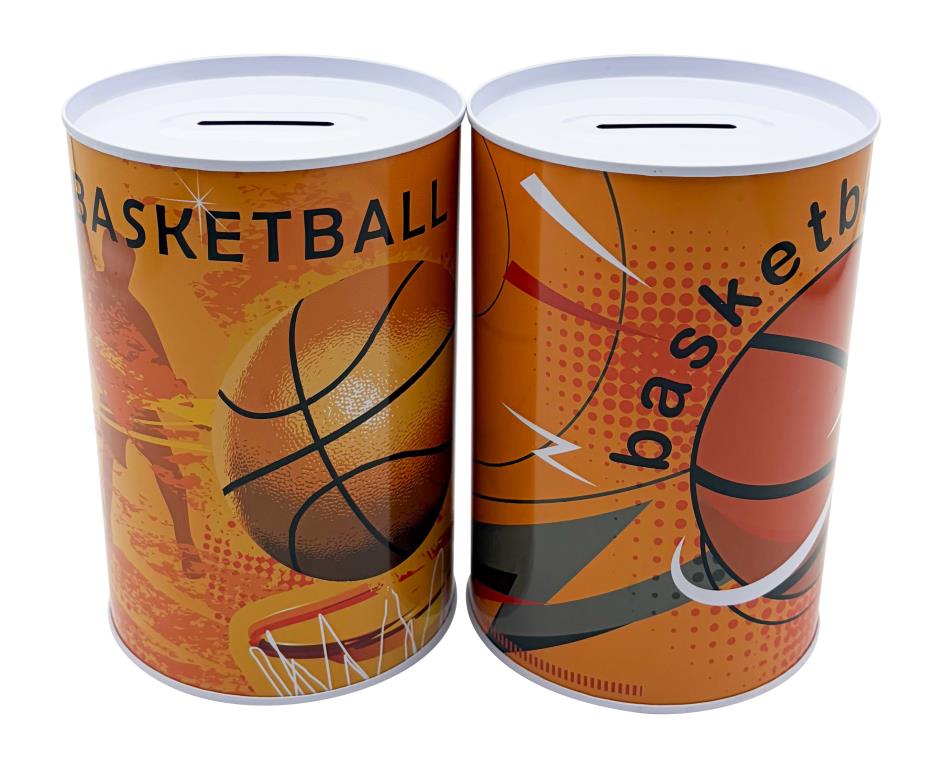 Metal childrens money box in basketball theme, 10x15cm coin savings tin, assorted styles per retail pack