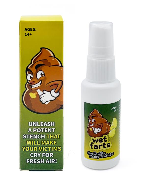 Wet Farts potent novelty fart spray bottle 10.2cm, gag prank gift, bulk carton of 24 units for retail and events