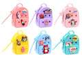 Six silicone coin purses shaped like mini handbags with handles, bead strap and charms in pink, purple, yellow, blue and teal