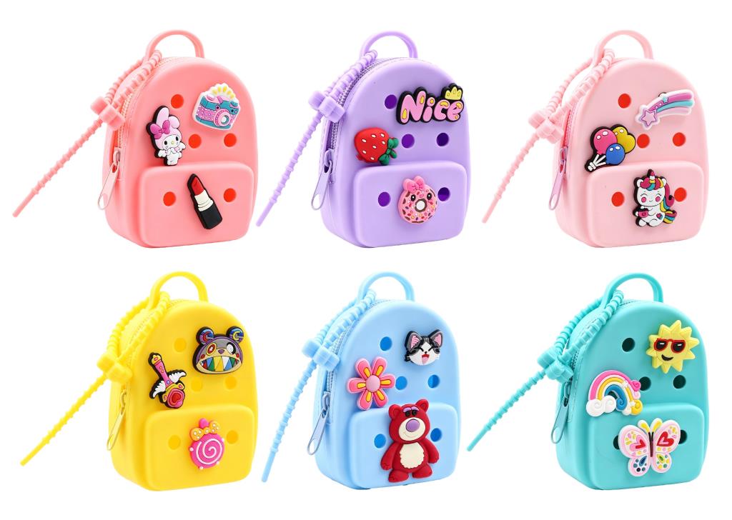 Six silicone coin purses shaped like mini handbags with handles, bead strap and charms in pink, purple, yellow, blue and teal