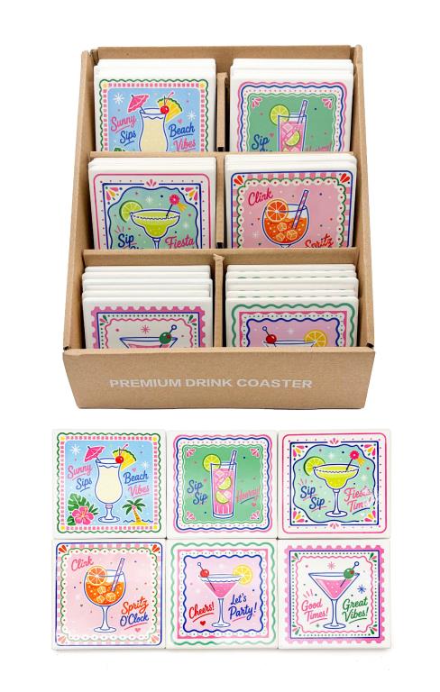 Square paper tropical drink coasters with Sunny Sips and Spritz O'Clock designs, pina colada and margarita graphics, 9.5x9.5cm