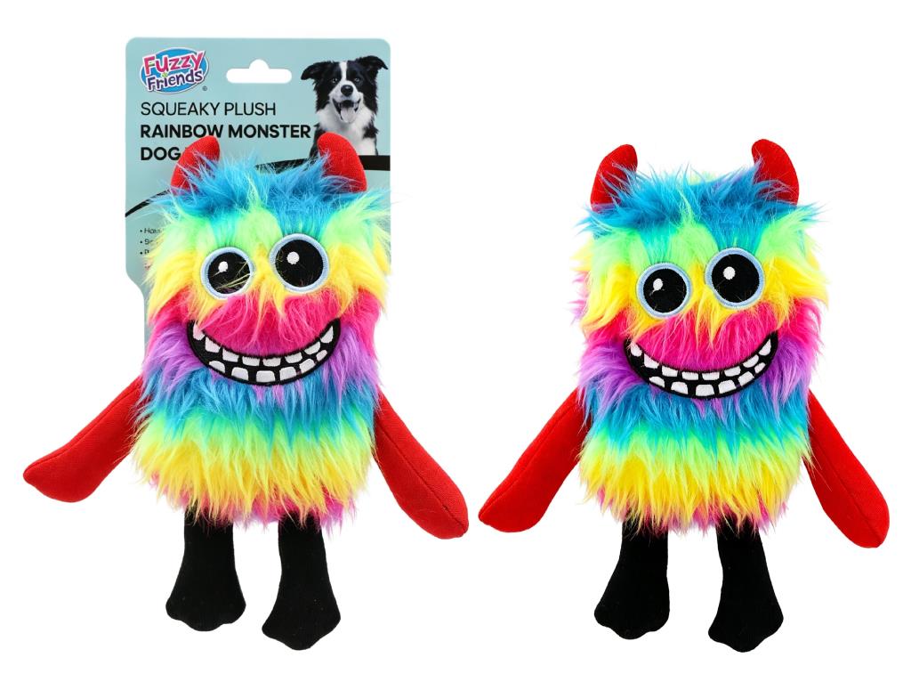 Rainbow Monster 20cm squeaky plush dog toy with red horns, embroidered grin and colourful fluffy body