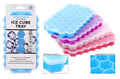 Blue silicone ice tray with hexagon honeycomb cavities and frosted silicone lid, stacked in blue, purple, white and pink