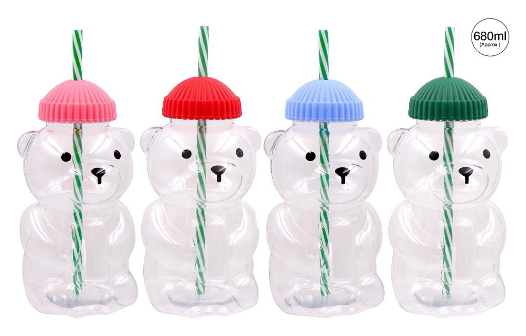 Teddy bear shaped plastic novelty cup with reusable straw, 600ml, for parties, kids drinks and novelty retail