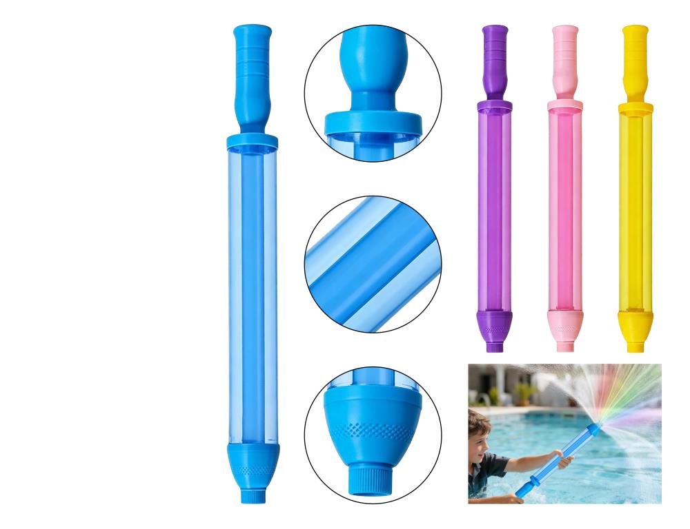 Water blaster 44cm clear tube pump action in blue, purple, pink and yellow with a child using one at a pool