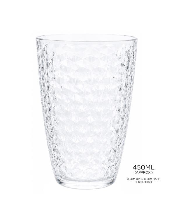 Clear diamond-faceted acrylic tumbler 400ml for hospitality events and cafes