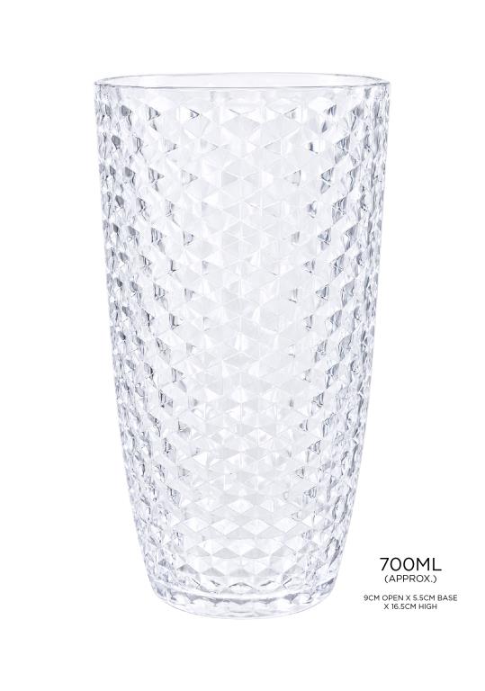 Tall clear diamond-faceted acrylic tumbler 650ml for hospitality and events