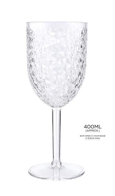 Clear diamond-faceted stemmed acrylic unbreakable wine glass 370ml for events and outdoor hospitality
