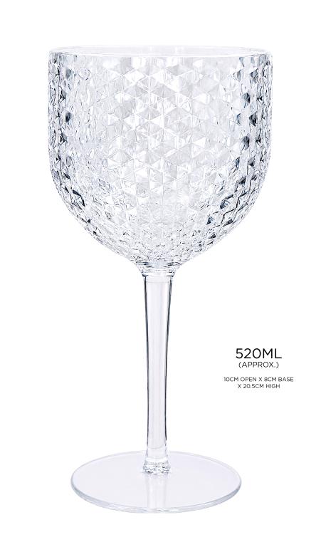 Clear diamond-faceted large stemmed acrylic picnic wine glass 520ml for outdoor events