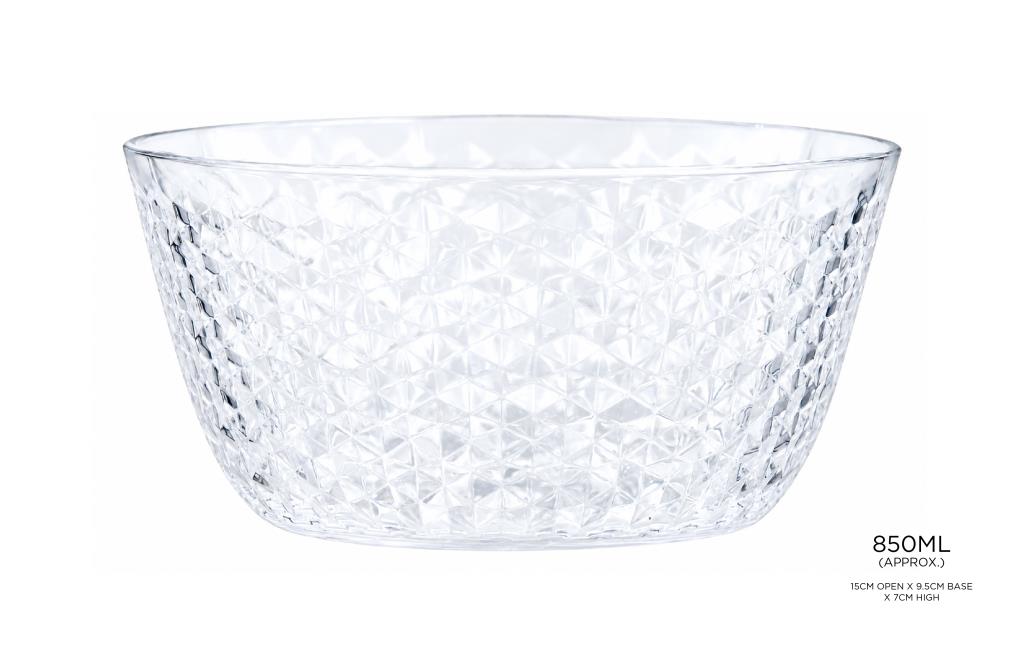 Clear diamond-faceted oval acrylic plastic salad bowl 800ml for catering and events