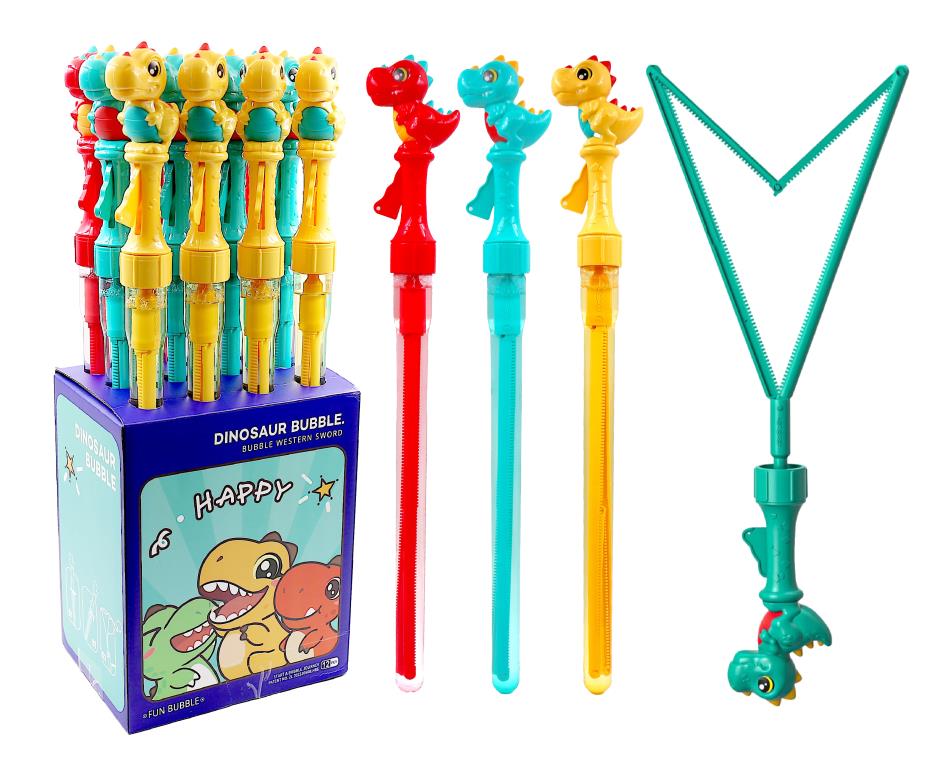 Giant bubble wand 48.5cm with dinosaur handle in red, teal and yellow beside a V-shaped bubble loop and a display box