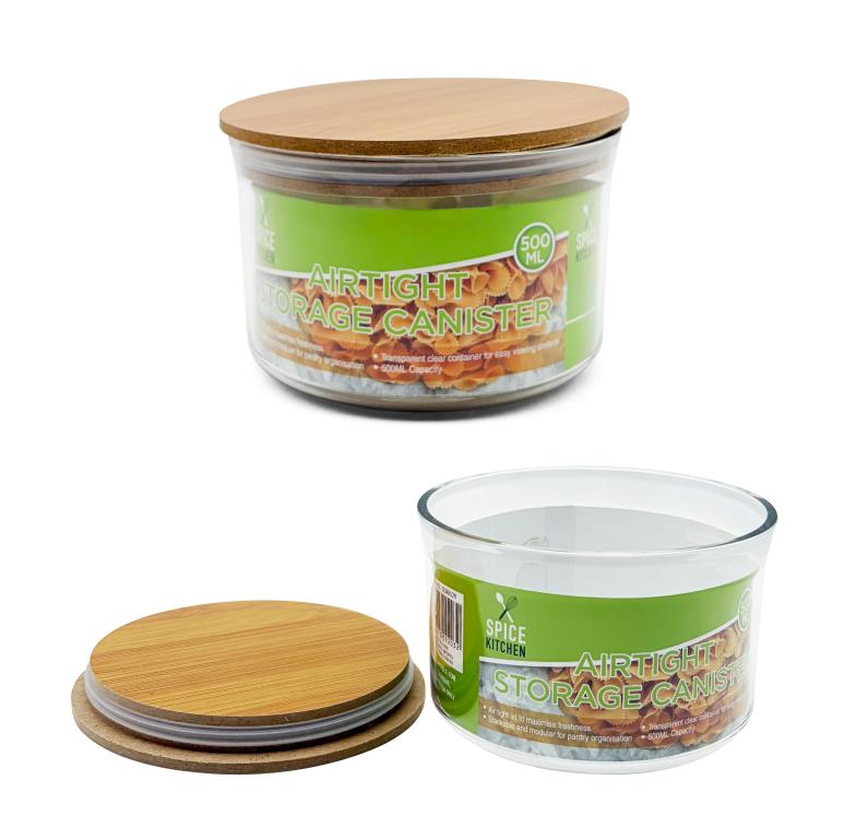 Jars with wood look lid: low wide 500ml clear acrylic storage canister with timber-effect lid, second jar open