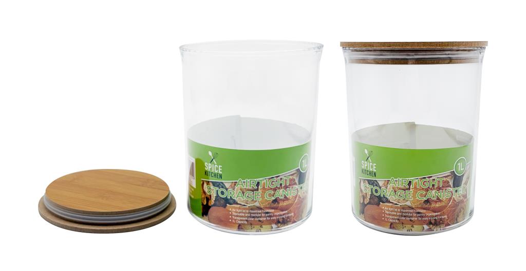 Pantry jars 1000ml: clear acrylic airtight storage canisters, one with wood look lid on and one open beside its lid