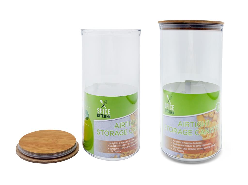 Kitchen canisters 1.7L: tall clear acrylic airtight storage canister with wood look lid beside a second open canister