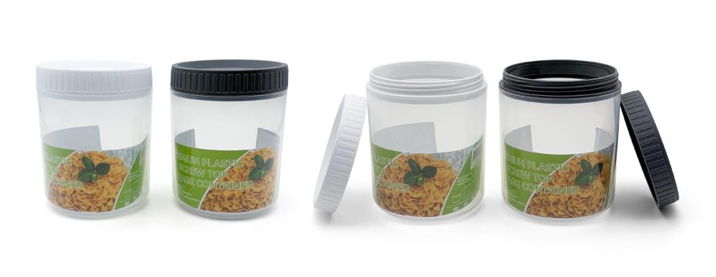 Clear 600ml plastic screw top storage container with lid, 9x9x11.5cm, filled with coffee beans on pantry shelf